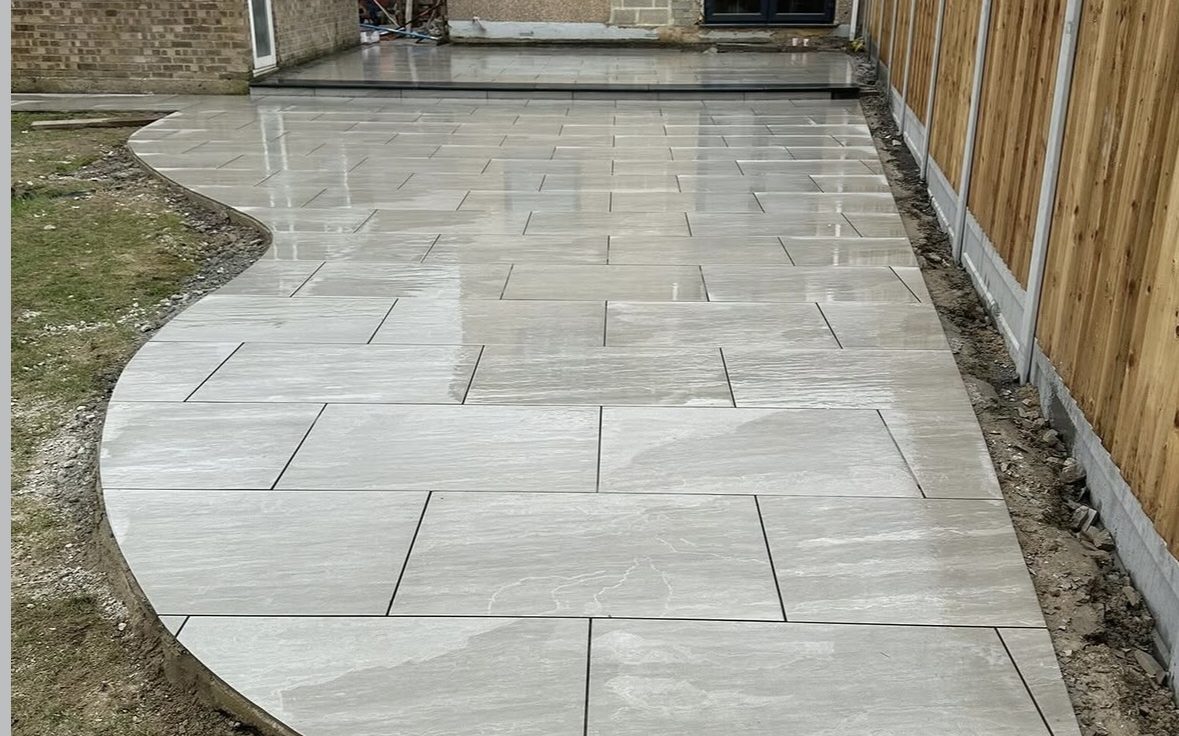 New patio laid up to a house extension with bifold doors